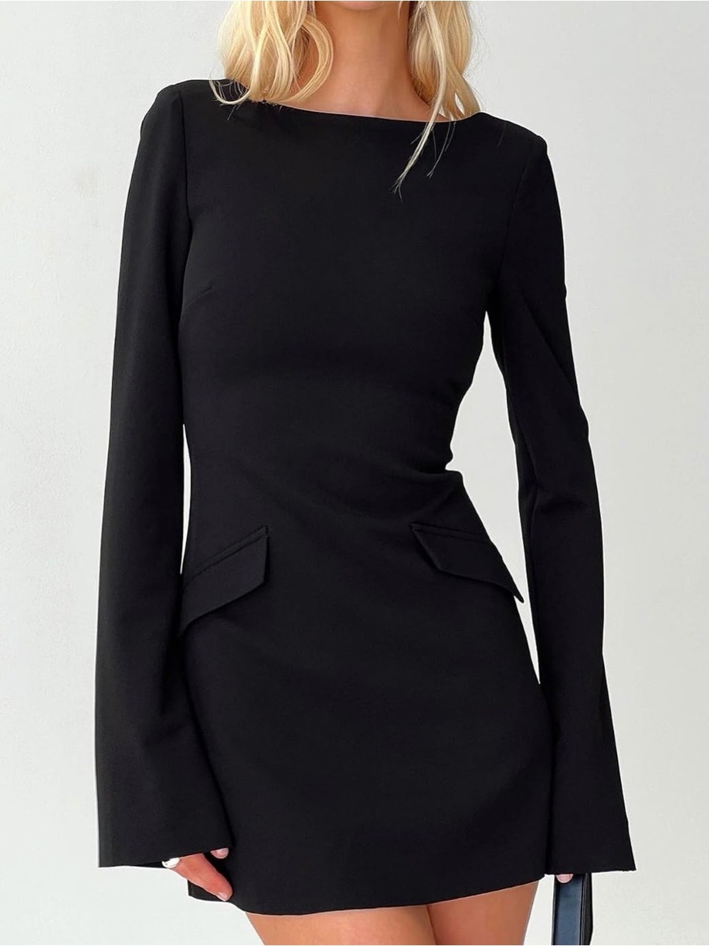Black Long-Sleeve Open Back Mini Dress - Elegant Boatneck